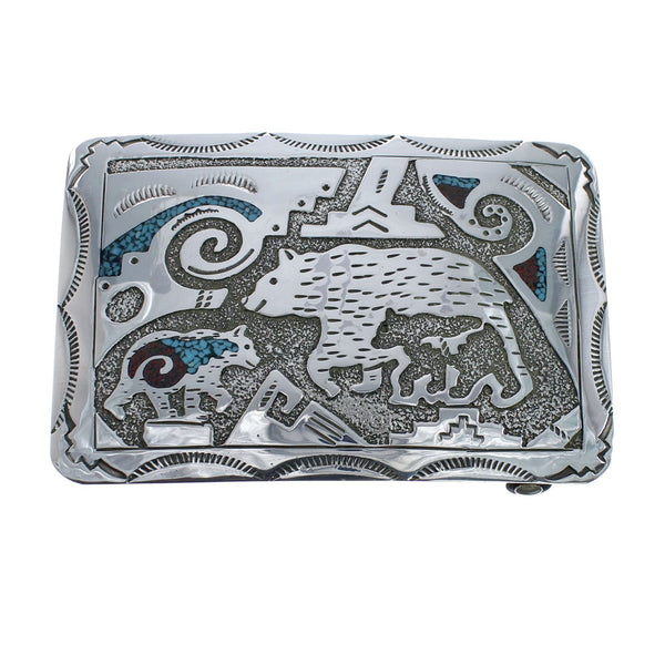 Native American Navajo Sterling Silver Turquoise And Coral Bear Belt Buckle AX127949